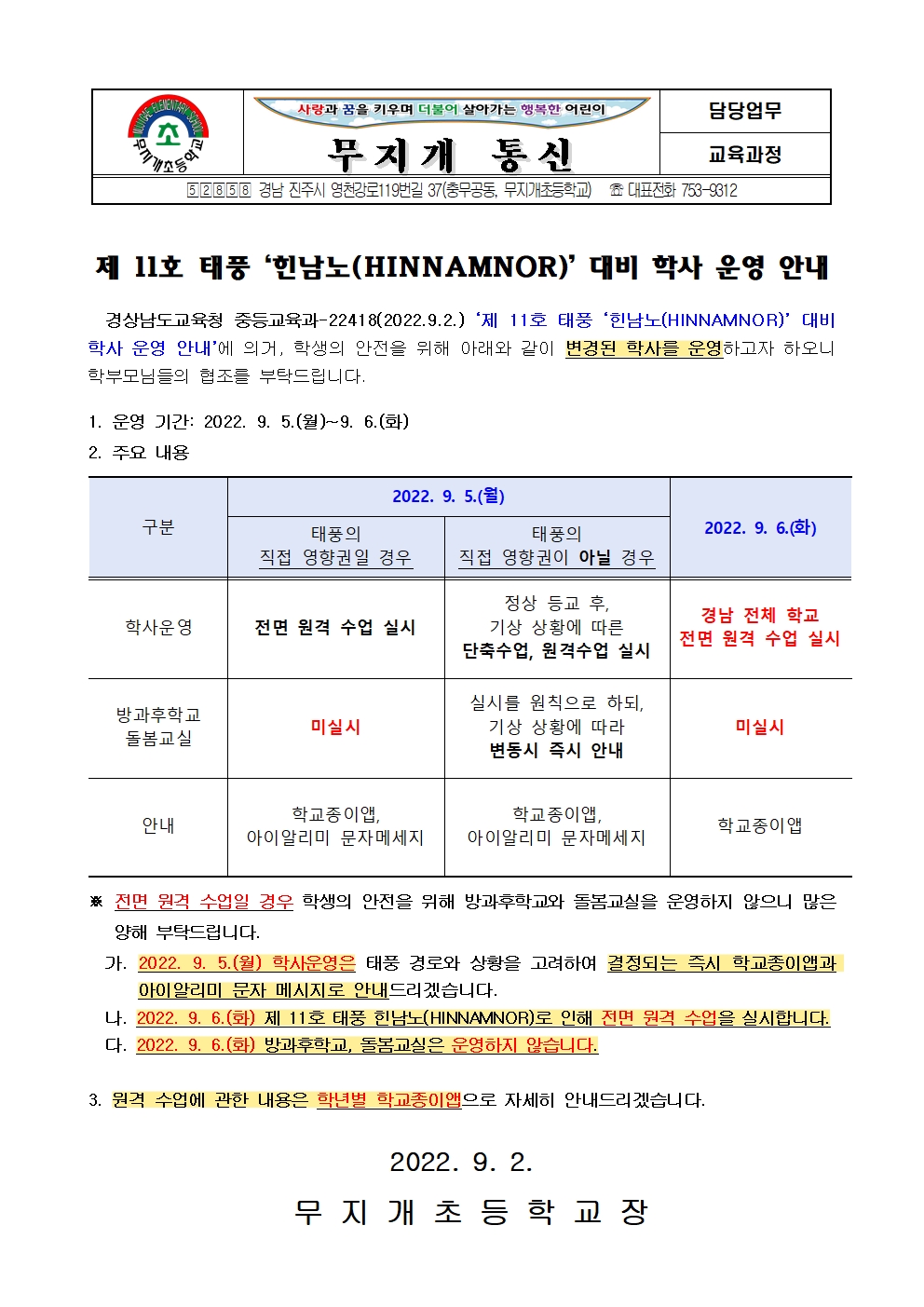 제11호 태풍 ‘힌남노(HINNAMNOR)’ 대비 학사 운영 안내 가정통신문(무지개초)-9월 2일001.jpg