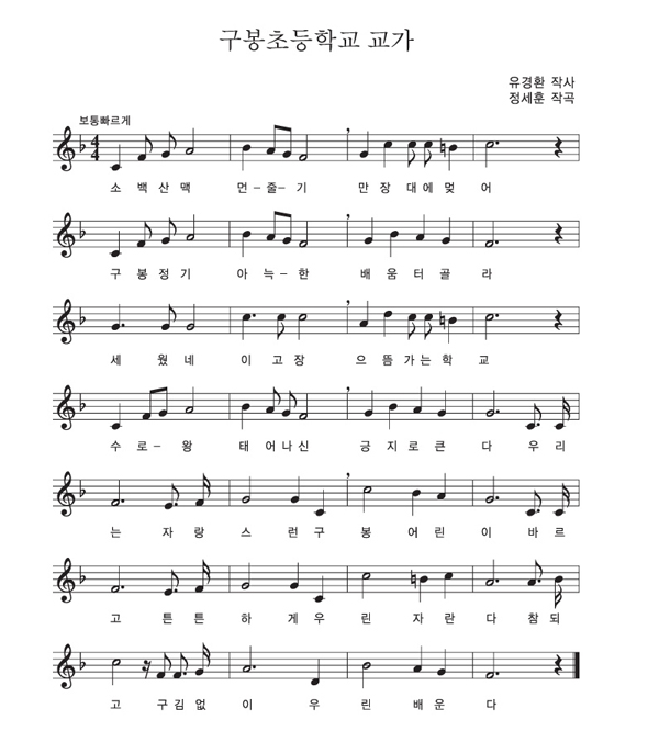 소백산맥 먼 줄기 만장대에 멎어 
구봉정기 아늑한 배움터 골라
세웠네 이 고장 으뜸가는 학교
수로왕 태어나신 긍지로 큰다 
우리는 자랑스런 구봉어린이
바르고 튼튼하게 우린 자란다
참되고 구김없이 우린 배운다

