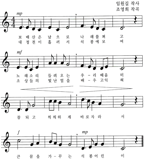 보배산은 남으로 나래를 펴고
노래소리 들려오는 우리 배움터
참되고 씩씩하게 바로자라서
큰 꿈을 가꾸는 석봉어린이

대청천이 흘러서 석봉에 모여
조상들의 빛난 얼을 배우고 익혀
참되고 씩씩하게 바로자라서
큰 꿈을 가꾸는 석봉어린이