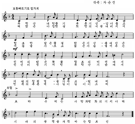 (1절)무학산 내린줄기 푸른기상- 감아돌고 합포만 담은물결 맑은기상- 품에안은진리의 밝은횃불 합포의 터전에서 겨레의 참된얼- 을 가꾸고- 빛내리보라 우리는 사랑과 평화의 기치아래 시대의 광명을 개척하는 합포인(2절)해맑은 아침햇살 희망의 서광내비치어 어둠을 가- 르고 젊은가슴- 열어주는진선미 정기어린 무학산 기슭에서 민족의 푸른역- 사 길이 이으리보라 우리는 사랑과 평화의 기치아래 시대의 광명을 개척하는 합포인 
