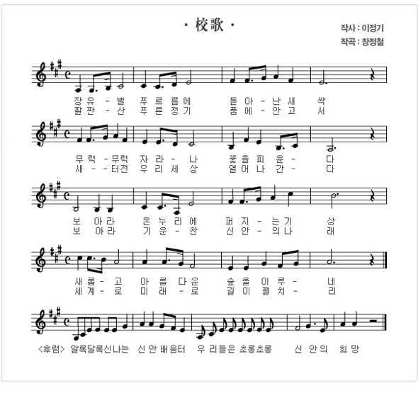 장유벌 푸르름에 돋아난 새싹
무럭무럭 자라나 꽃을 피운다
보라아 온누리에 퍼지는 기상
새롭고 아름다움 숲을 이루네
알록달록 신나는 신안 배움터 우리들은 초롱초롱 신안의 희망

팔판산 푸른정기 품에 안고서
새 터전 우리세상 열어 나간다
보아라 기운찬 신안의 나래
세계로 미래로 길이 펼치리
알록달록 신나는 신안 배움터 우리들은 초롱초롱 신안의 희망