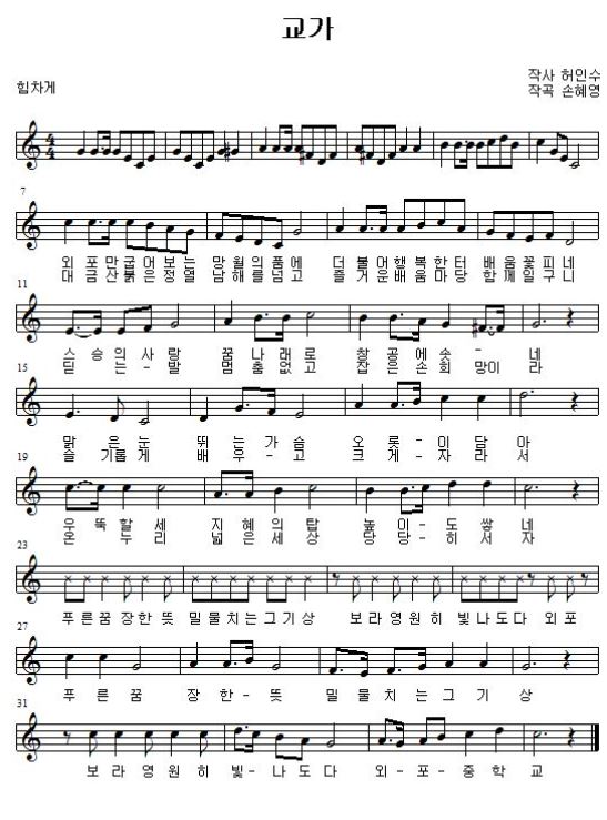 외포만굽어보는 망월의 품에 더불어 행복한 터 배움 꽃 피네
스승의 사랑 꿈나래로 창공에 솟네
맑은 눈 뛰는 가슴 오롯이 담아 
우뚝할세 지혜의 탑 높이도 쌓네
푸른 꿈 장한뜻 밀물치는 그 기상 보라 영원히 빛나도다 외포 
푸른꿈 장한 뜻 밀물치는 그 기상 
보라 영원히 빛나도다 외포 중학교

대금산 붉은 정열 남해를 넘고 즐거운 배움마당 함께 일구니
딛는 발 멈춤없고 잡은 손 희망이라 
슬기롭게 배우고 크게 자라서 
온누리 넓은 세상 당당히 서자
푸른 꿈 장한뜻 밀물치는 그 기상 보라 영원히 빛나도다 외포 
푸른꿈 장한 뜻 밀물치는 그 기상
보라 영원히 빛나도다 외포 중학교

