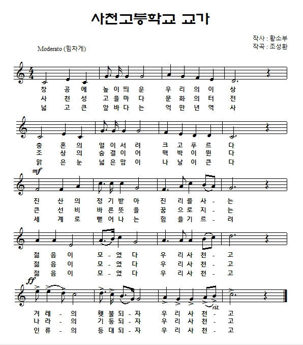 (1절)창공에 높이띄운 우리의 이상 충혼의 얼이서려 크고 푸르다
       진산의 정기받아 진리를 사- 는 젊음이 모- 였다 우리사천- 고
       겨레- 의 횃불되- 자 우리사천- 고
(2절)사천성 고을마다 문화의 터전 조상의 숨결이어 맥박이 뛴다
       큰 선비 바른뜻을 꿈으로 지- 는 젊음이 모- 였다 우리사천- 고
       나라- 의 기둥되- 자 우리사천- 고
(3절)넓고 큰 앞바다는 억만년역사 맑은 눈 넓은맘이 나날이 큰다
       세계로 뻗어나는 힘을 기르- 려 젊음이 모- 였다 우리사천- 고
       인류- 의 등대되- 자 우리사천- 고
