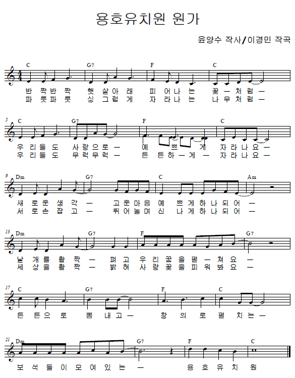 반짝 반짝 햇살아래 피어나는 꽃 처럼 우리들오 사랑으로 예쁘게 자라나요 새로운 생각 고운마음 예쁘게 하나되어날개를 활짝 펴고 우리꿈을 펼처봐요 튼튼으로 뽐내고 창의로펼치는 보석들이 모여있는 용호유치원